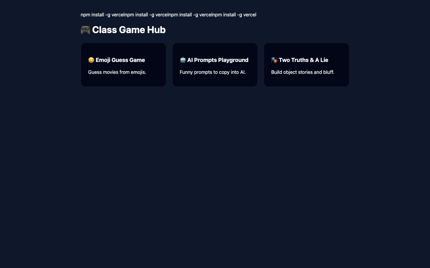 Class Games Hub with emoji guess game and AI prompts playground