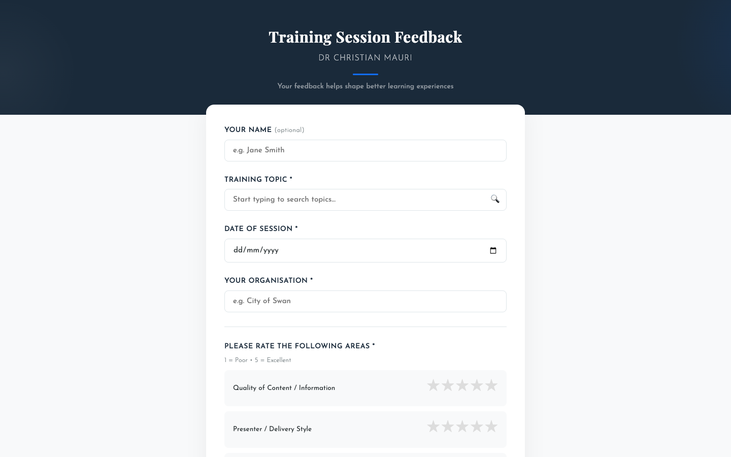 Dr Christian Mauri training session feedback form