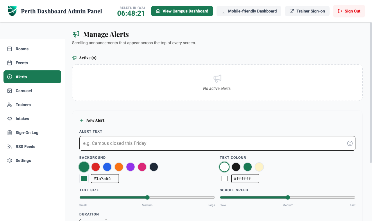Admin panel: Manage Alerts, scrolling announcements with colour and speed controls