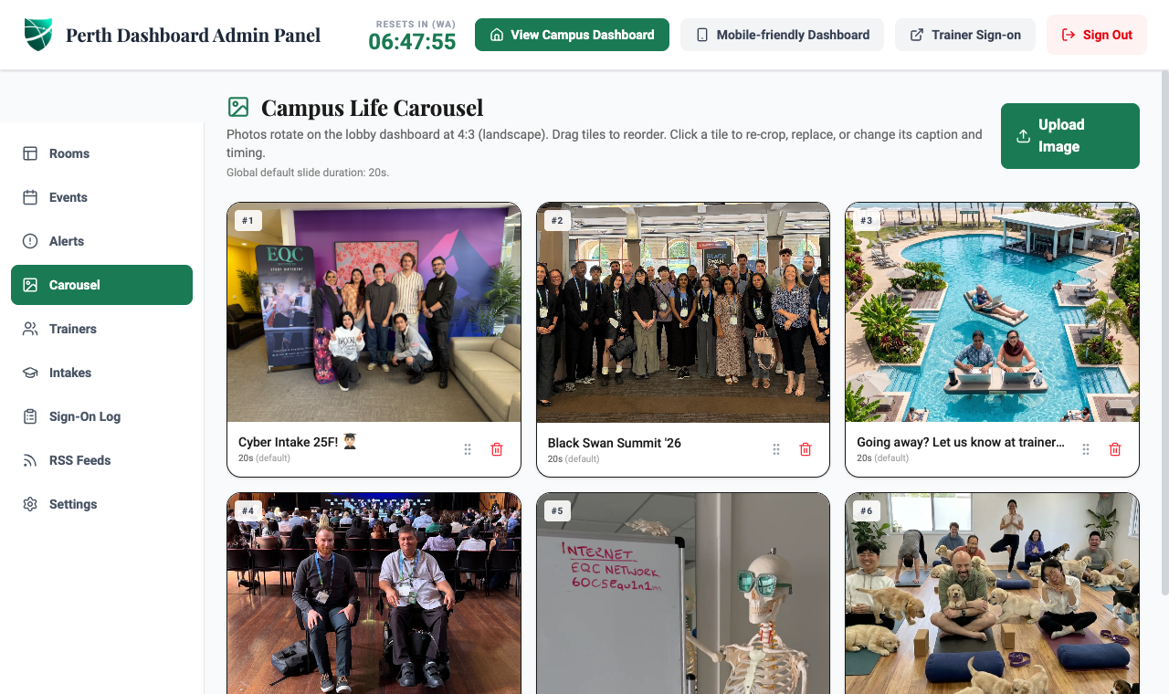 Admin panel: Campus Life Carousel, drag-to-reorder campus photos