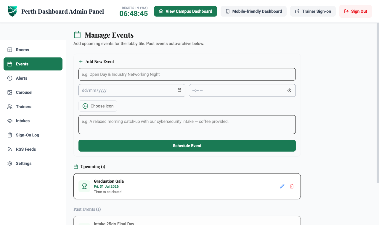 Admin panel: Manage Events, adding upcoming events to the lobby board