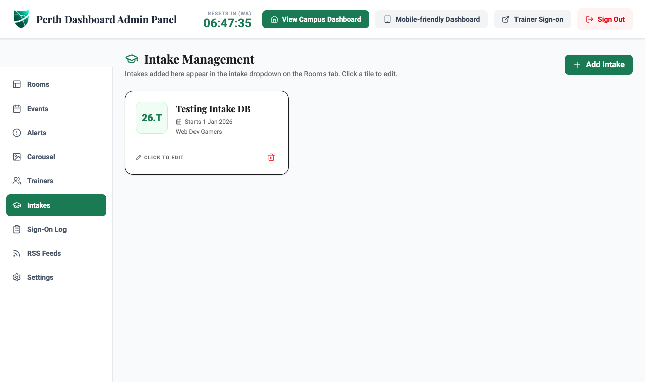 Admin panel: Intake Management, adding intakes for the room dropdowns