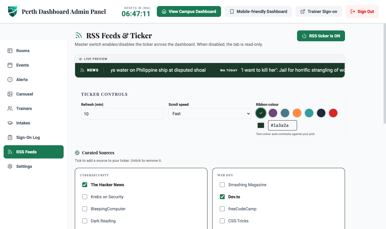 Admin panel: RSS Feeds and ticker controls with feed selection and speed settings