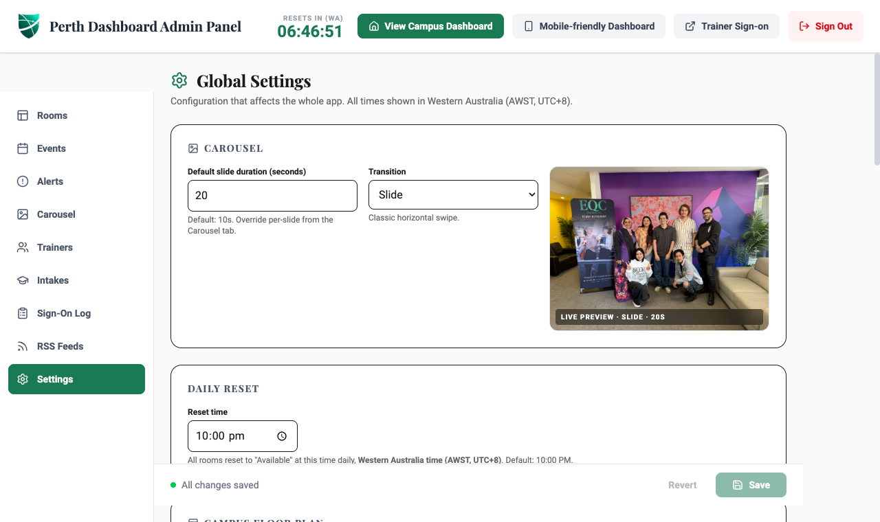 Admin panel: Global Settings for carousel timing and daily reset