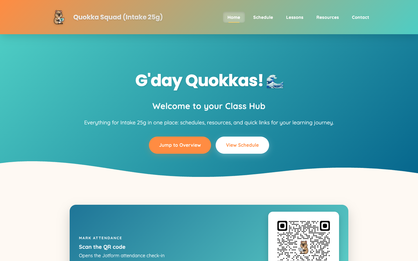 Quokka Squad class hub homepage for intake 25G