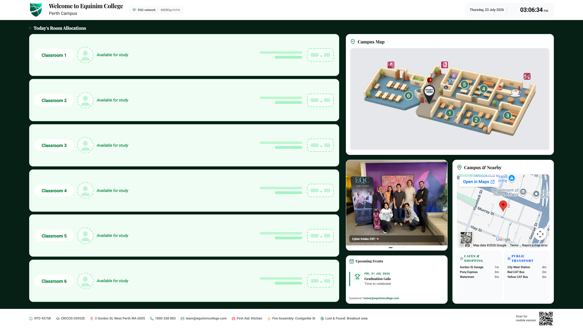 EQC lobby welcome board: room allocations down the left, campus map, photo carousel, upcoming events, live clock and a rolling news ticker