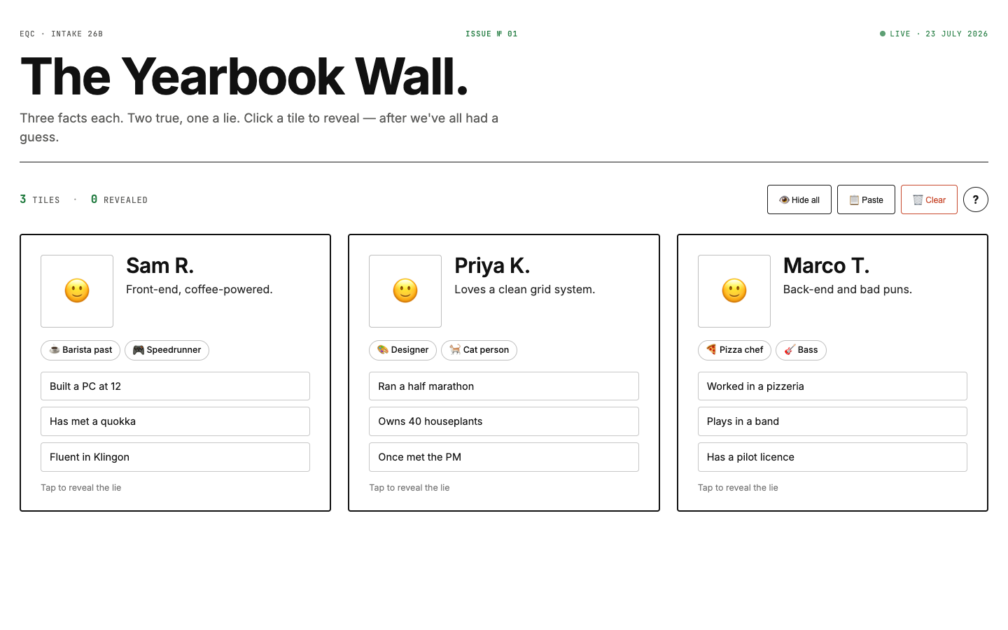 Yearbook Wall showing example tiles, each with a photo, tags and three facts
