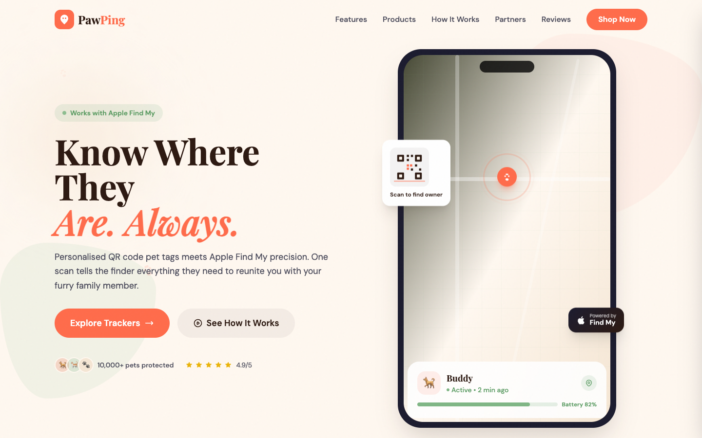 PawPing pet tracker website homepage