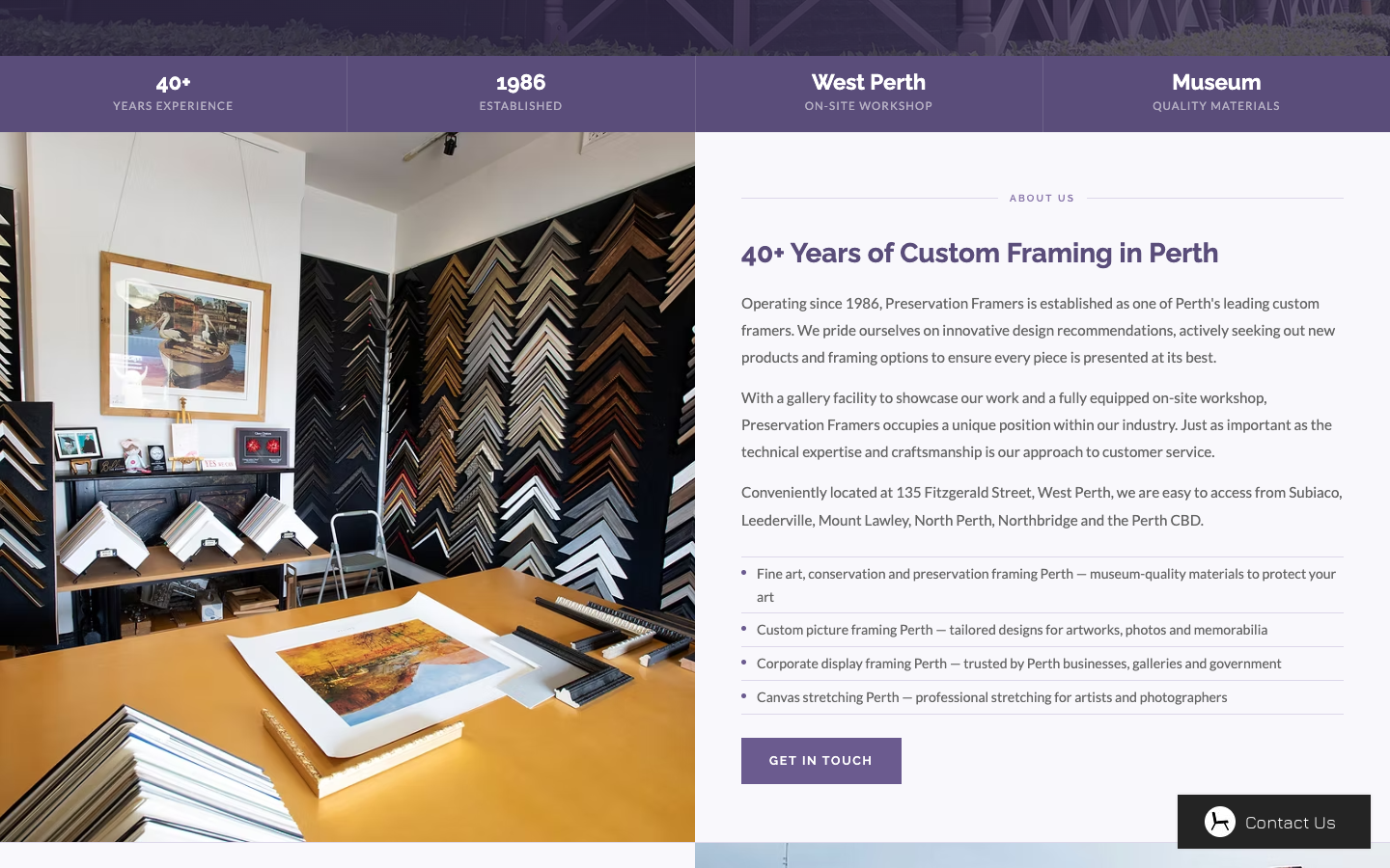 Preservation Framers website homepage
