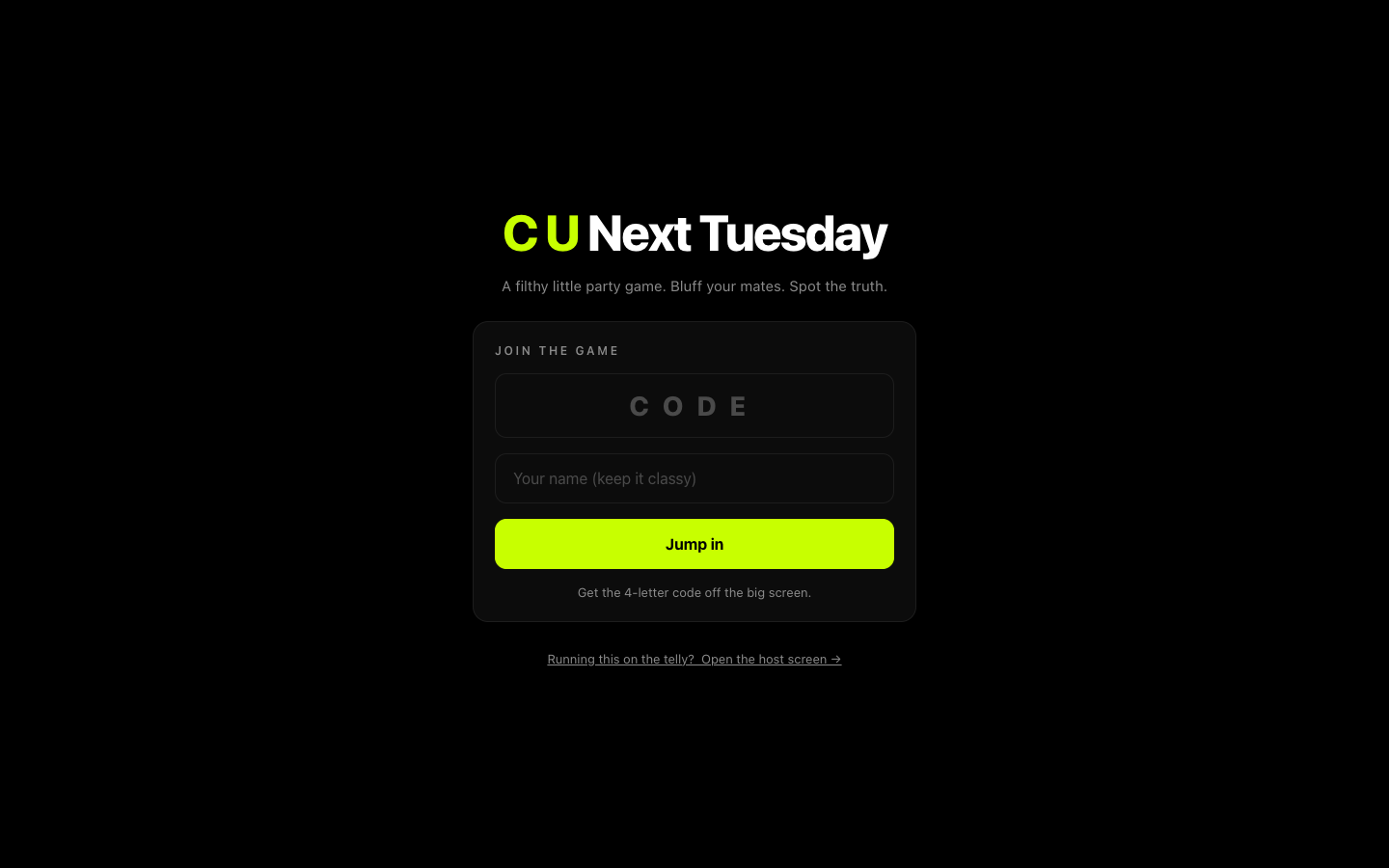 See You Next Tuesday party game join screen with a room code field